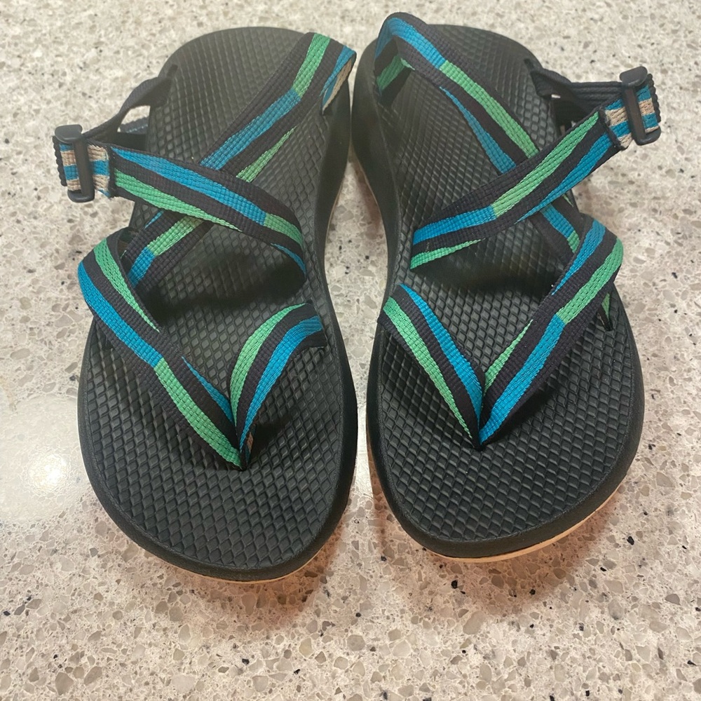 Black Sandals with Green and Blue Straps